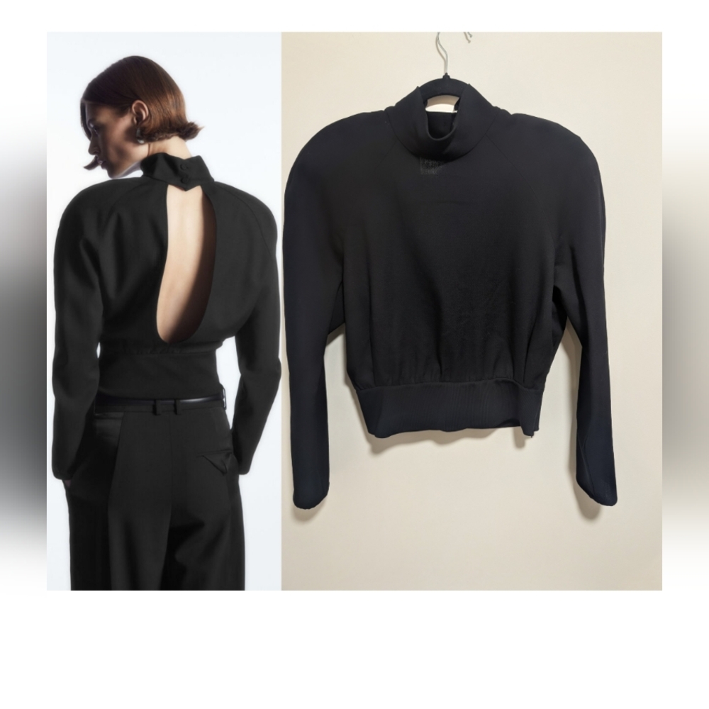 COS | Power-shoulder Open-back Waisted Wool Top In Black